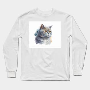 British Shorthair Cat Watercolour Painting Long Sleeve T-Shirt